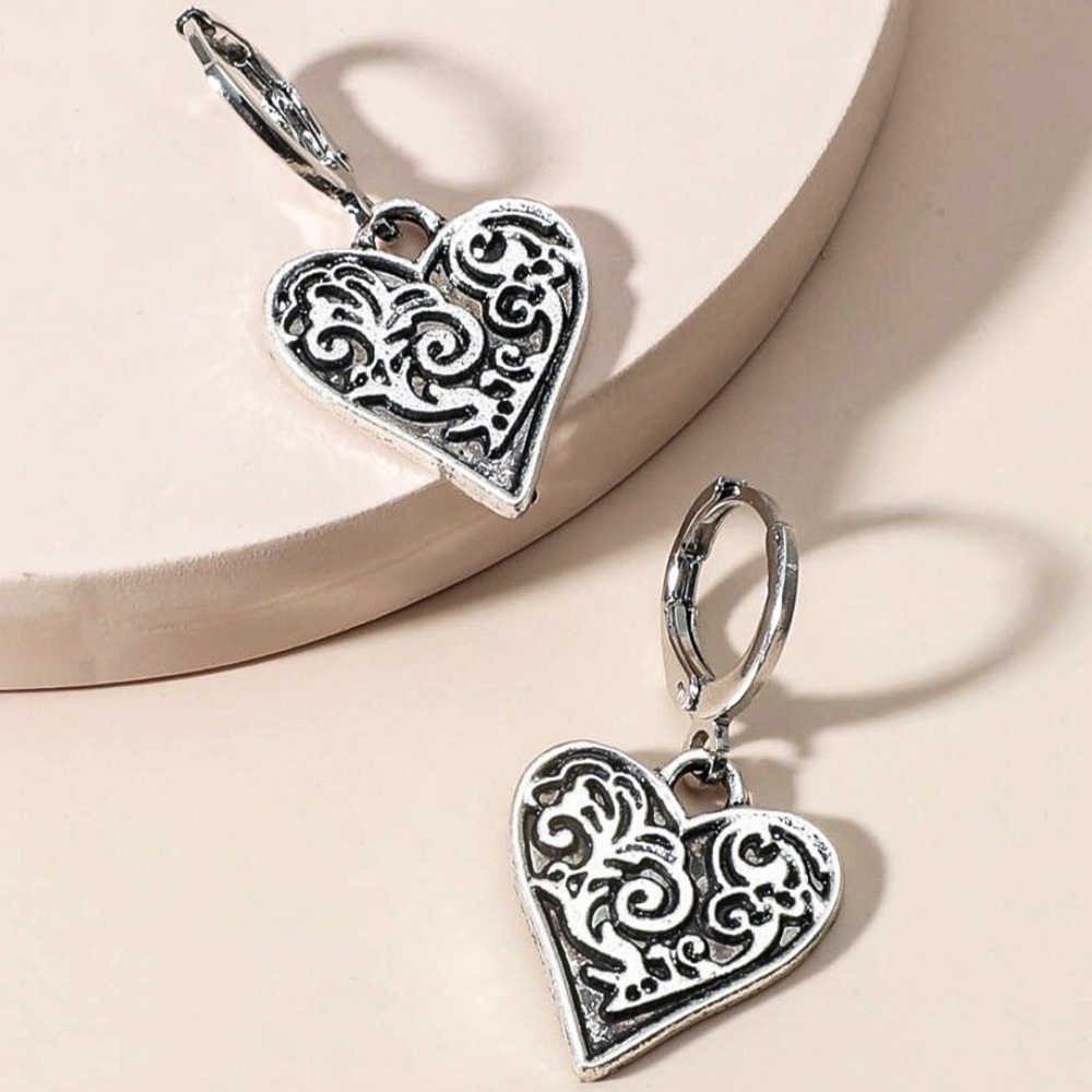 Silver Heart Boho Huggie Hoop Earrings - Picture 2 of 4